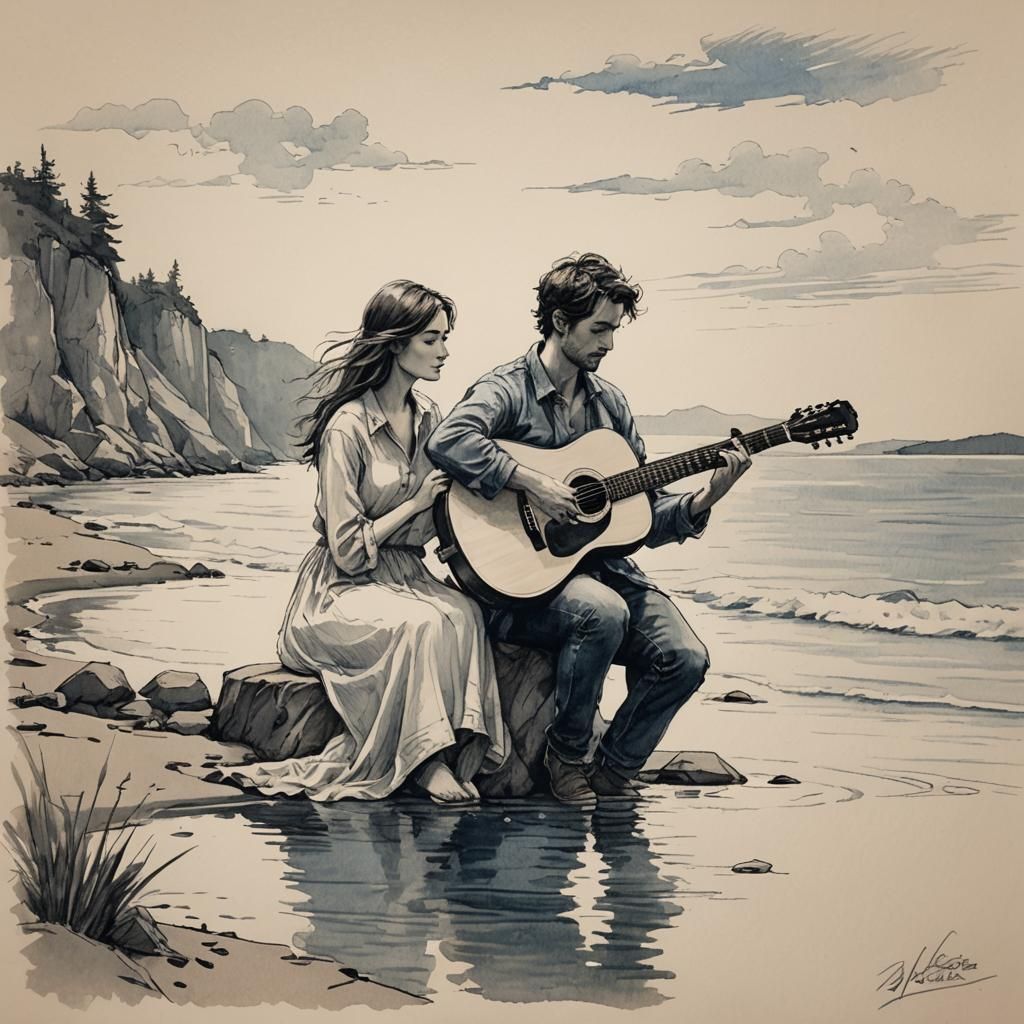 Young Couple by River with Guitar: Detailed Sketch