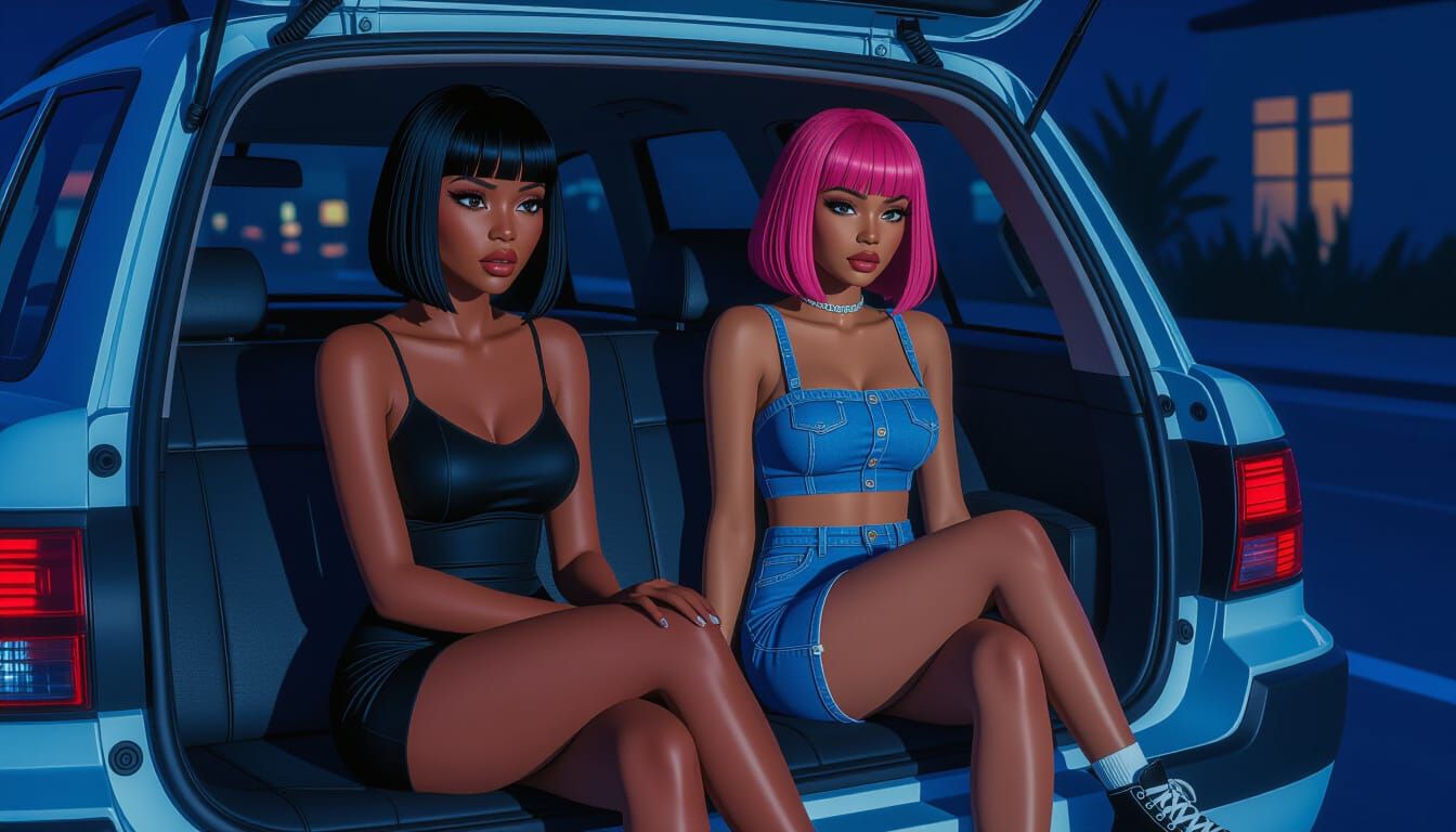 Fearful Woman in Car at Night, 3D Rendered