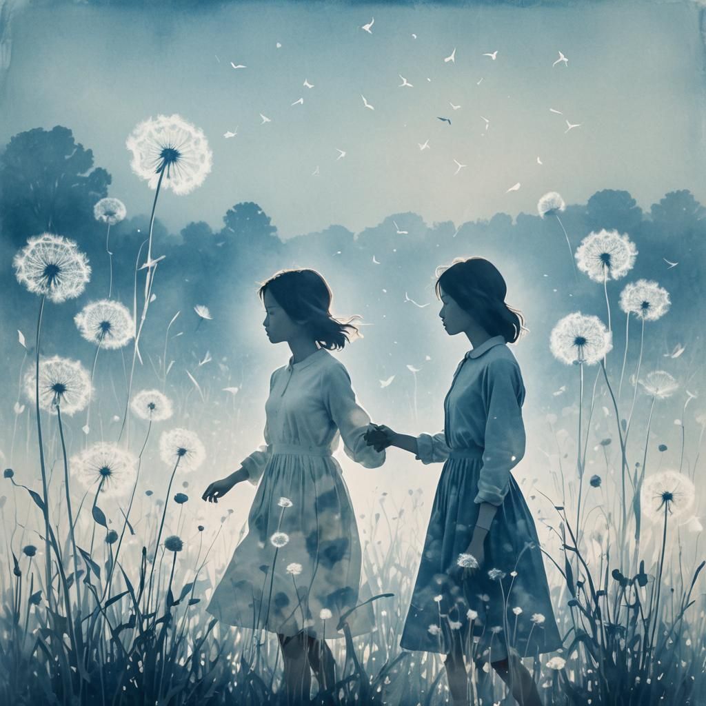 Dreamy Silhouette in Dandelion Field, Digital Painting