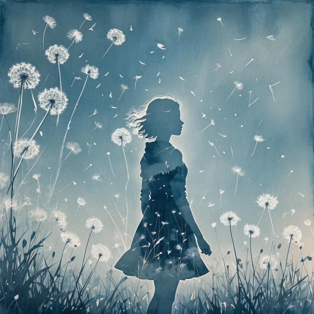 Dreamy Dandelion Field: Silhouette in Blue and White