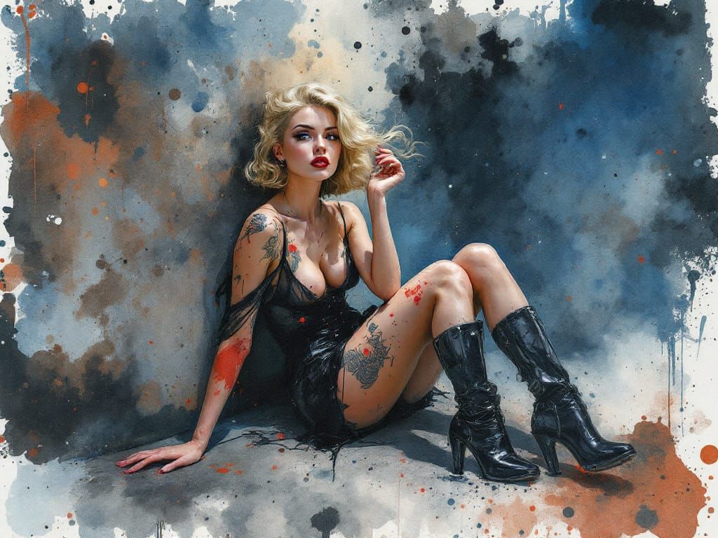 Pin Up Woman in Moody Ink Splatter Style