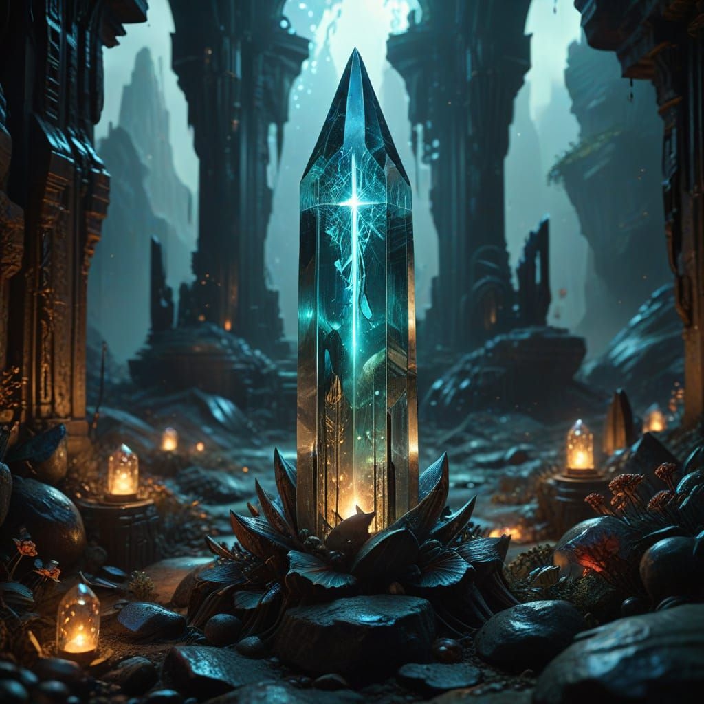 Bioluminescent Crystal Obelisk in Cosmic Horror Art
