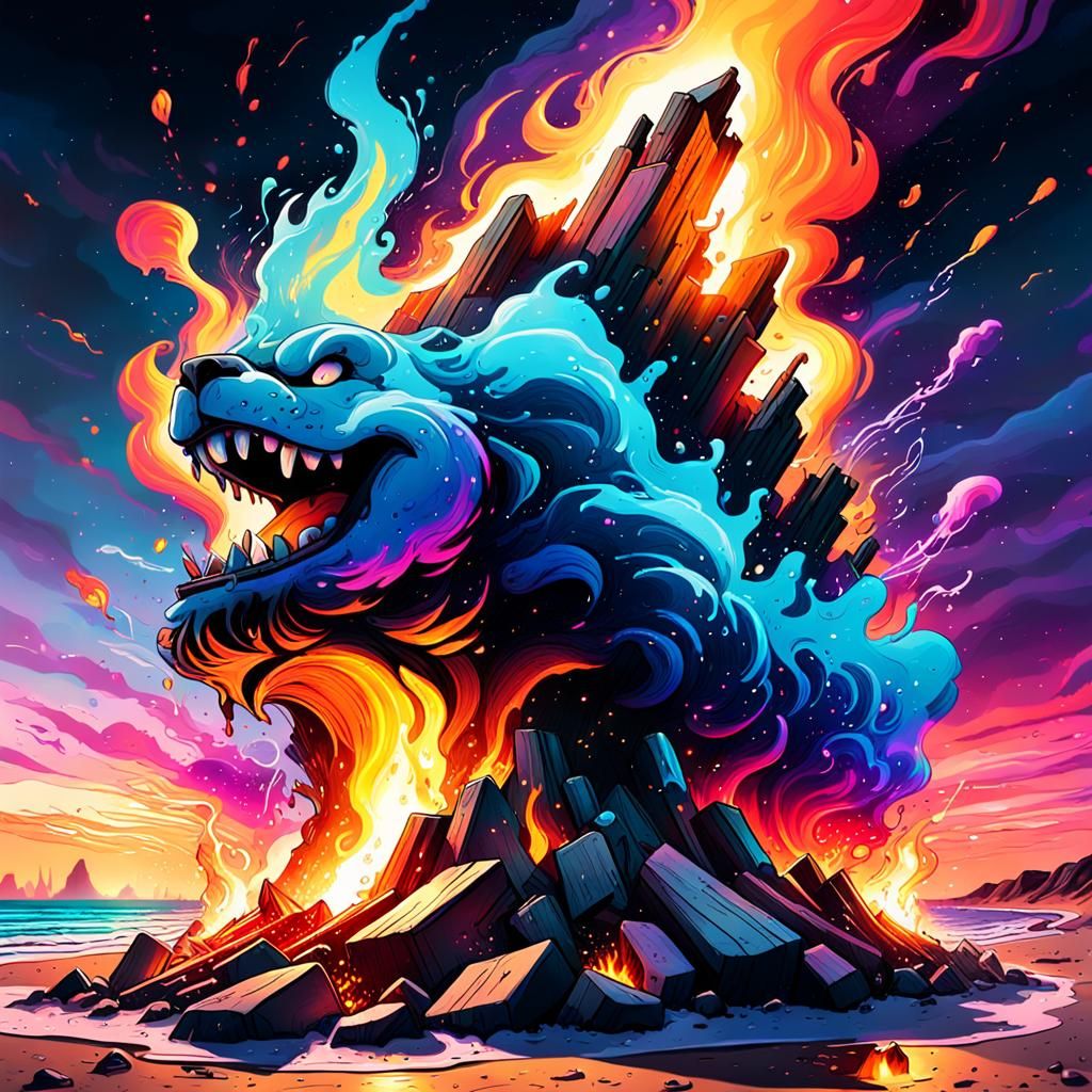 Vibrant Bonfire Beach Party in Graffiti Art Style