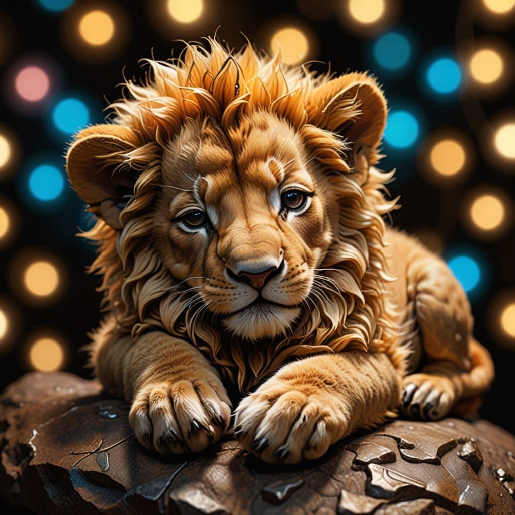 Surreal Miniature Lion Cub in Whimsical Digital Art