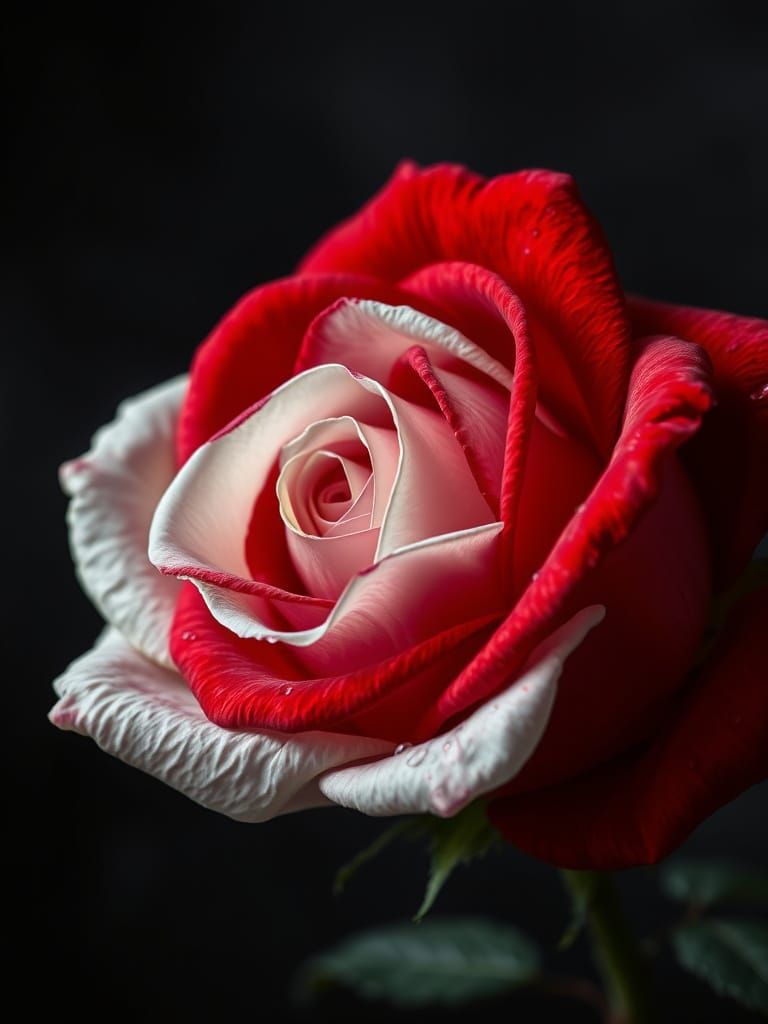Velvety Blood Red and Pure White Rose in Dramatic Dark Atmos...