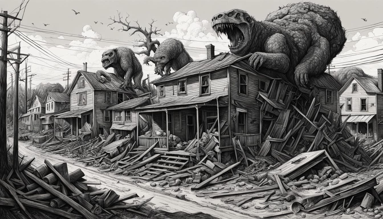 Sinister Meteorite Town: Grotesque Charcoal Drawing
