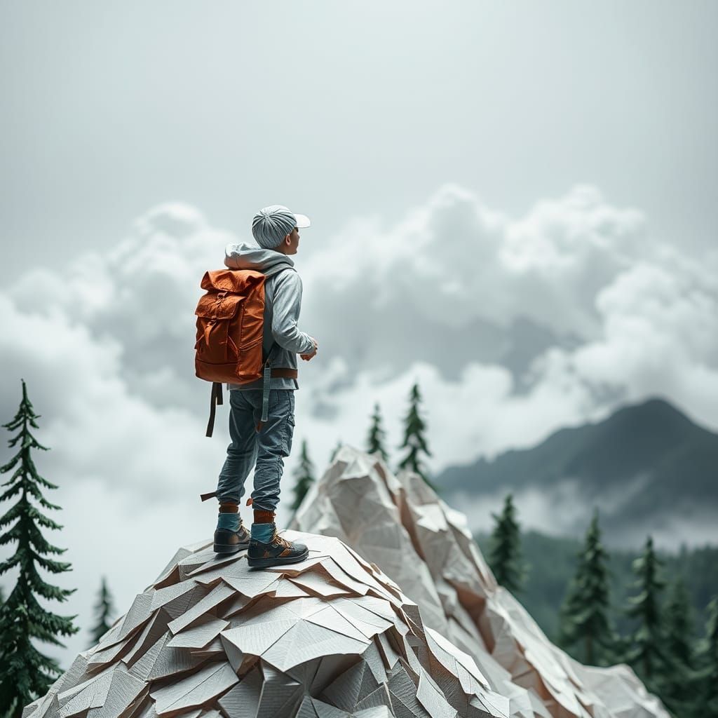 Origami Hiker on Mountain Peak in Papercraft Style