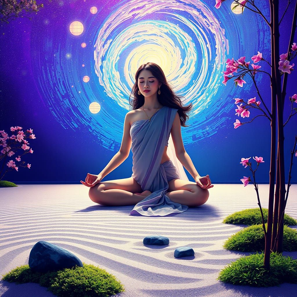 Goddess Meditating in Cosmic Zen Garden