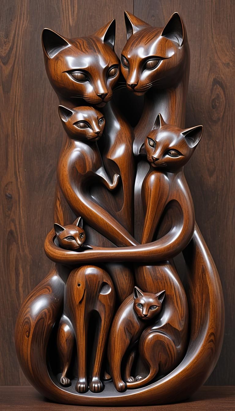 Rosewood Sculpture of Mother Cat and Kittens
