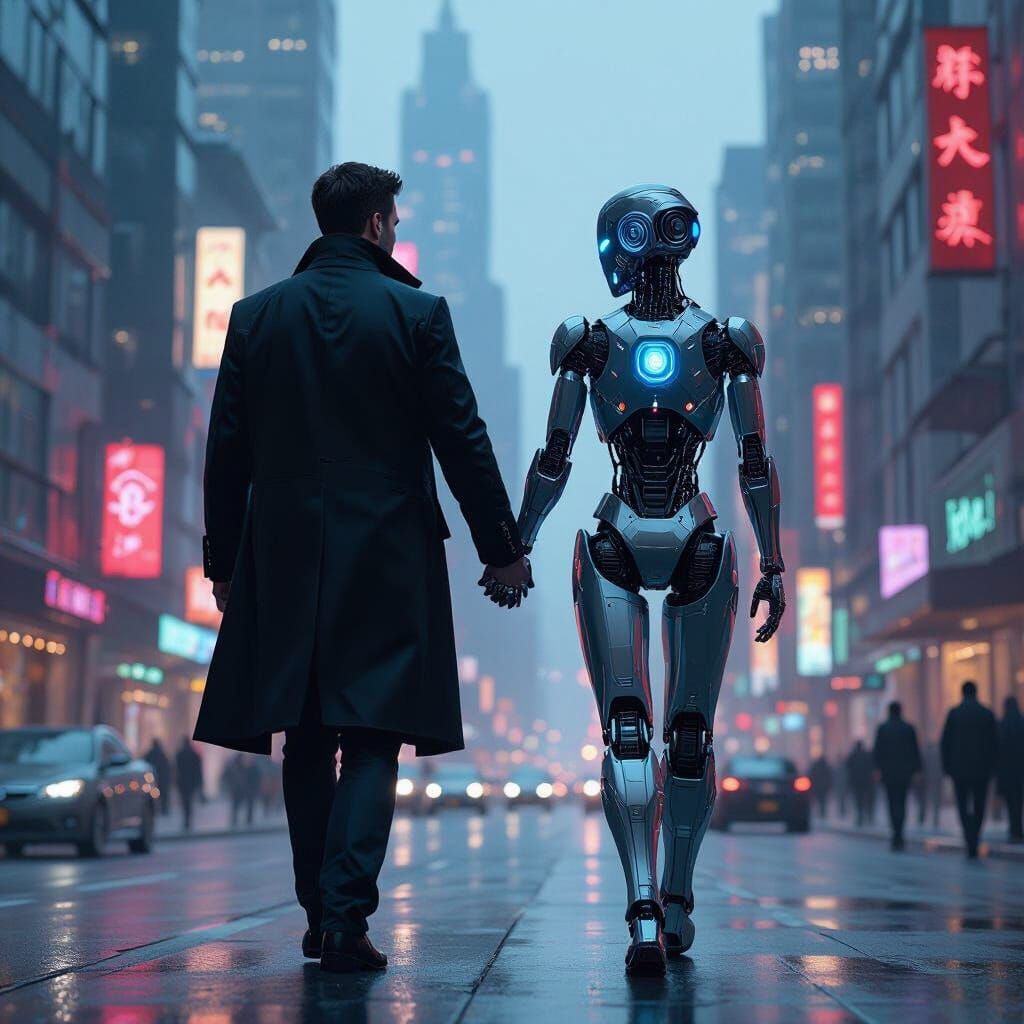 Futuristic Couple Strolling in Cyberpunk Cityscape