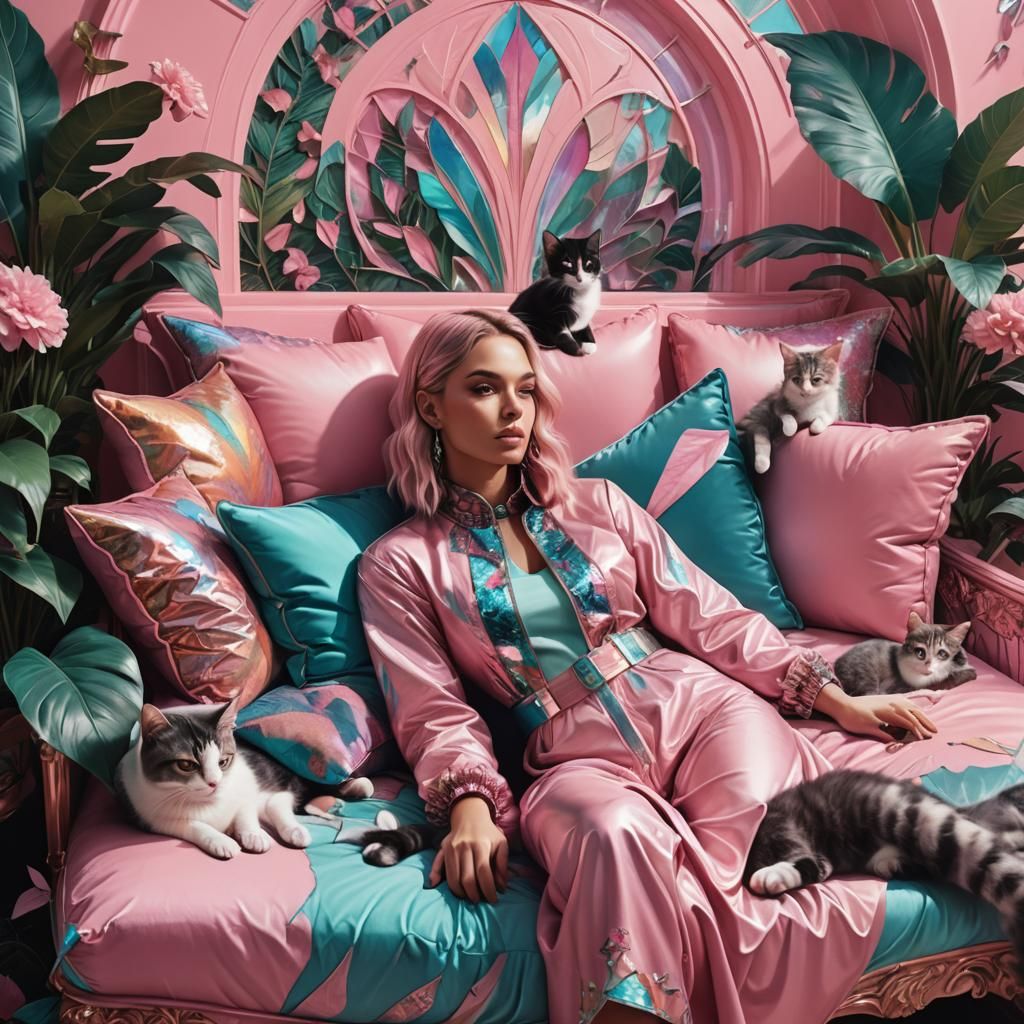 Woman and Kitten in a Crystal Rainbow Fantasy