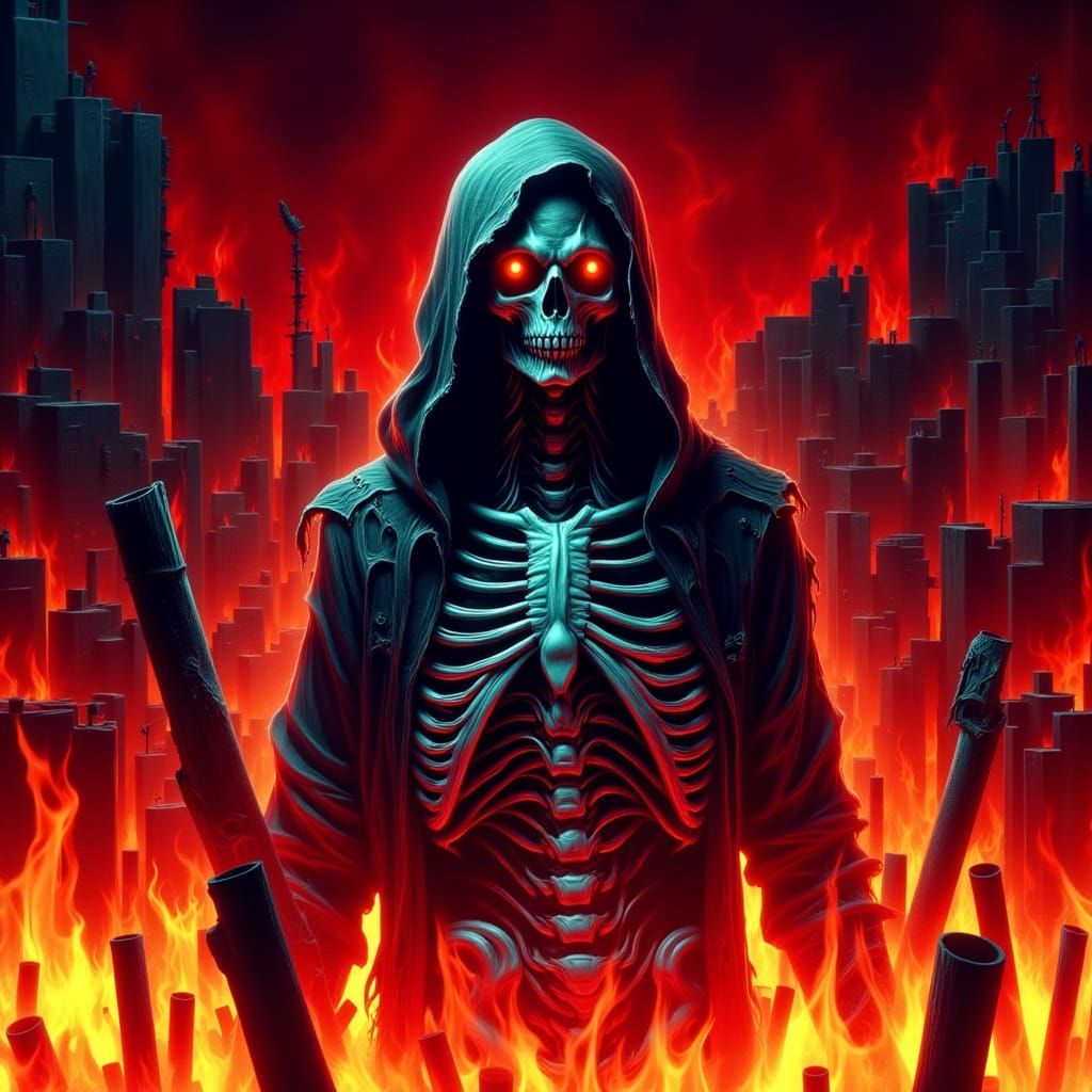 Skeleton in Burning City, Graphic Novel Style
