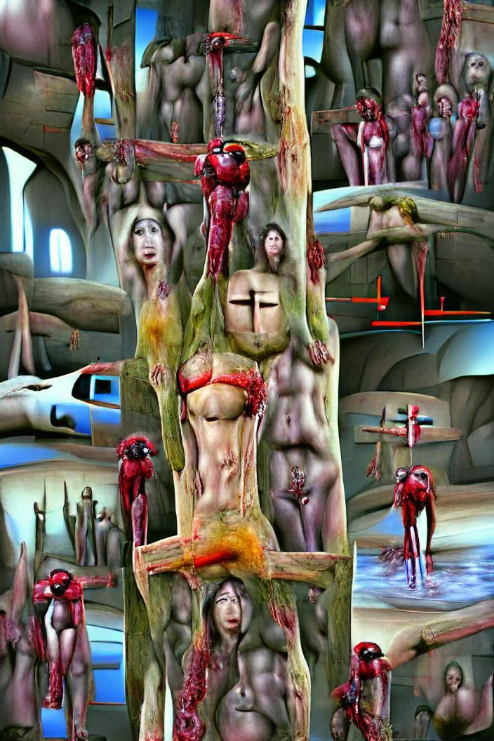 Grotesque Colorful Crucifixion Concept Art in Mixed Media