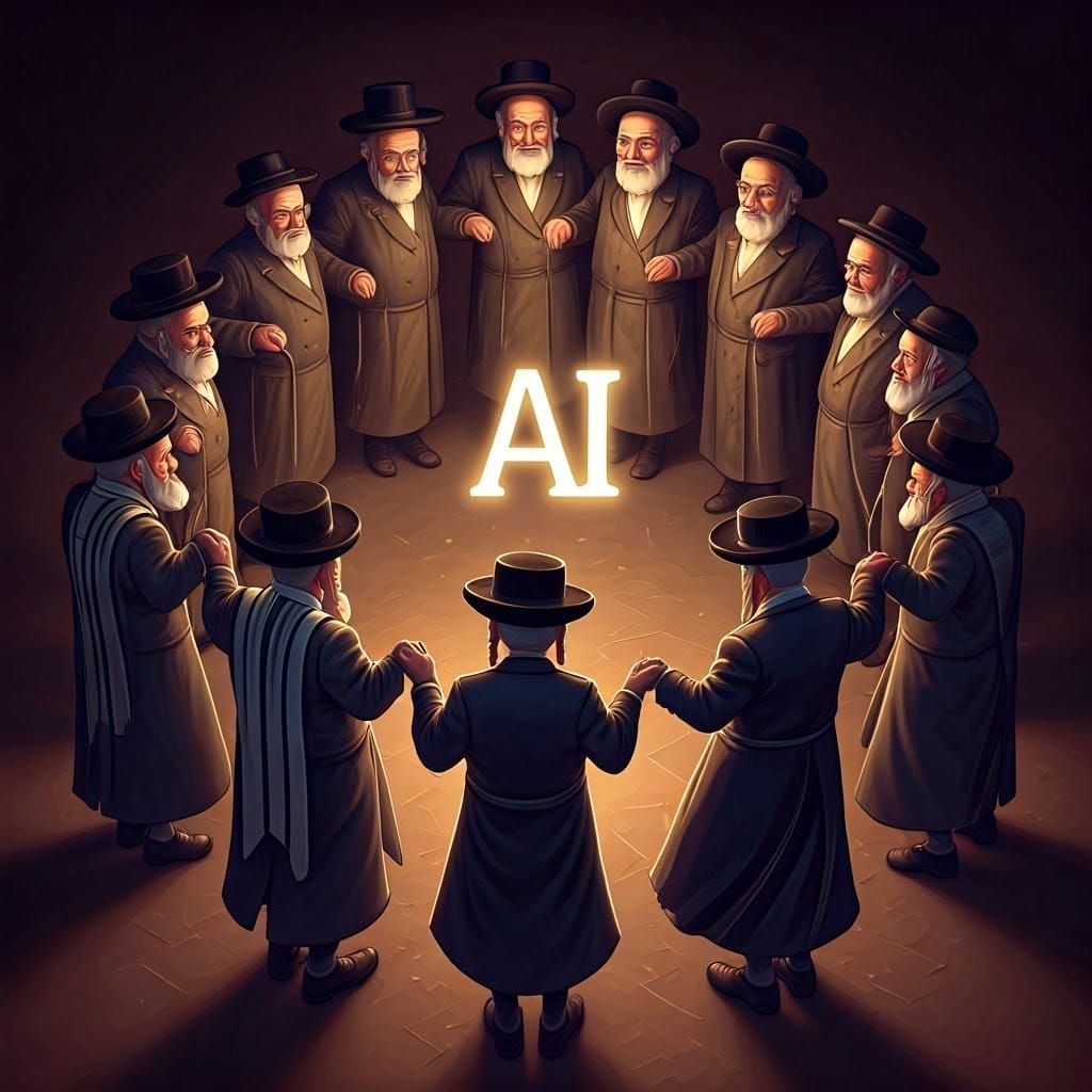 Elderly Hasidic Jews Dance in Whimsical Circle Around Glowin...