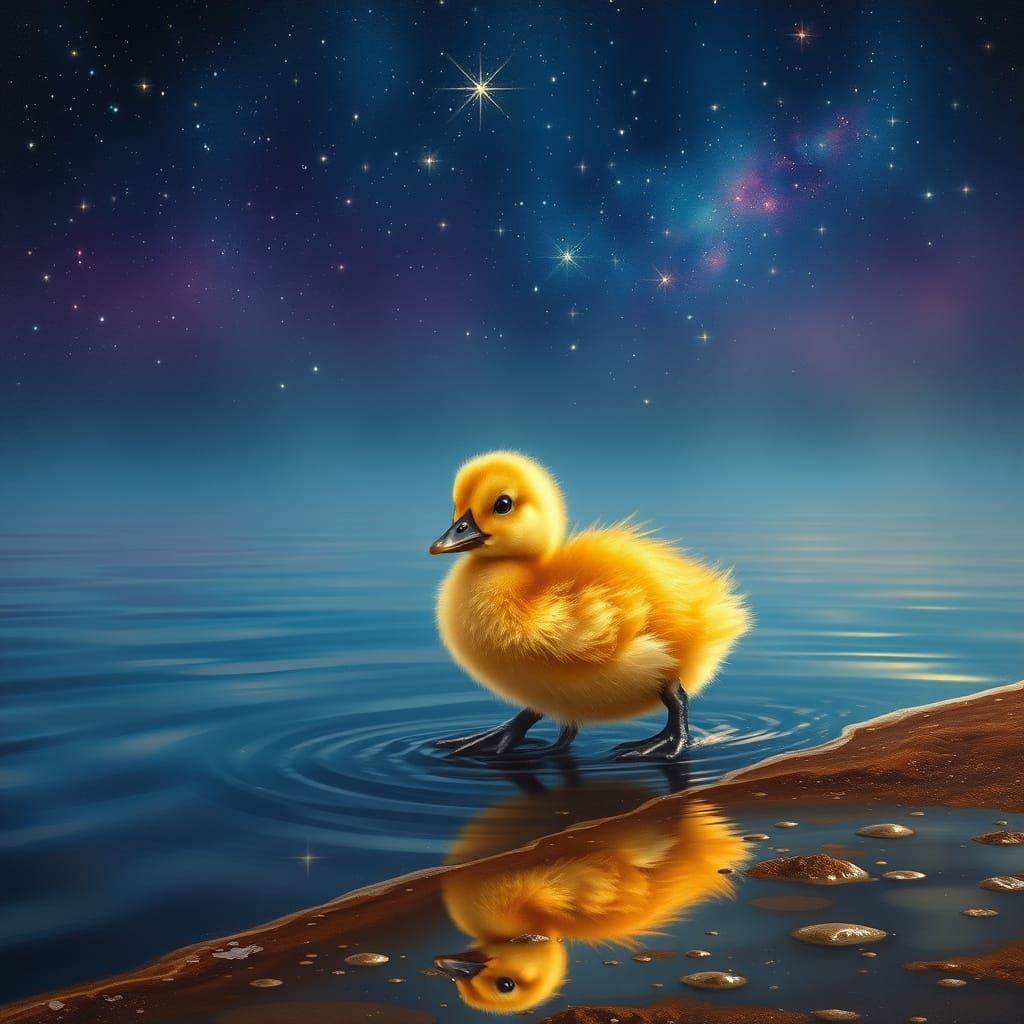Golden Duckling Amidst a Starry Night Pond
