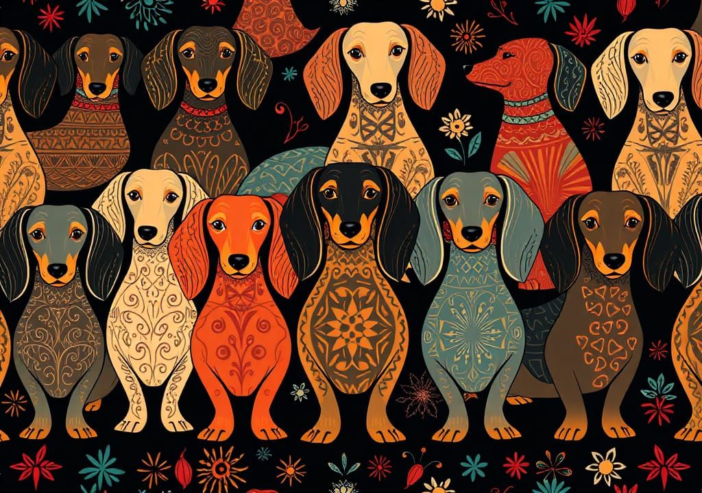 Whimsical Dachshunds: Artistic Vector Pattern Design