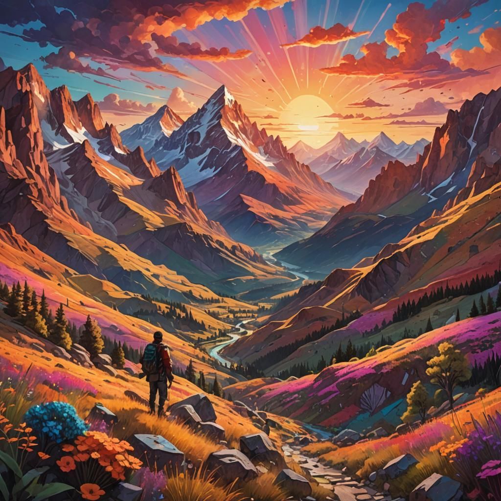 Vibrant Mountain Sunset in Mixed Media Collage