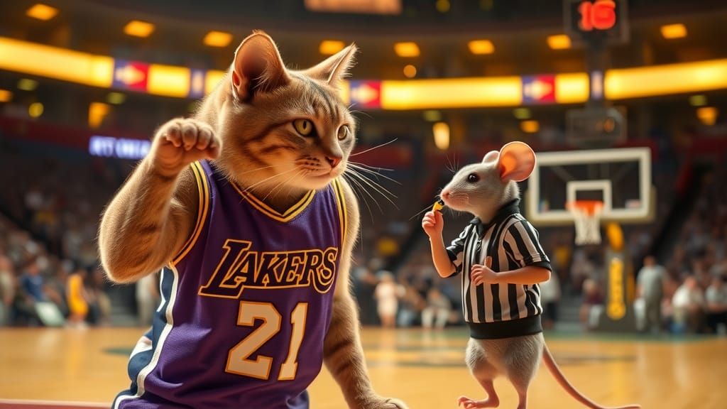 Cat Argues Foul with Mouse Referee in Lakers Game