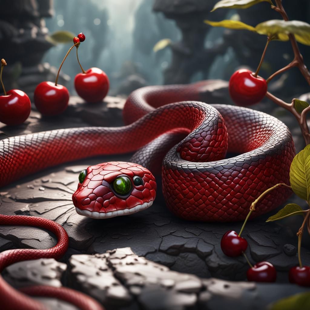Red Snake Choking Mouse with Cherry, Detailed Matte Painting