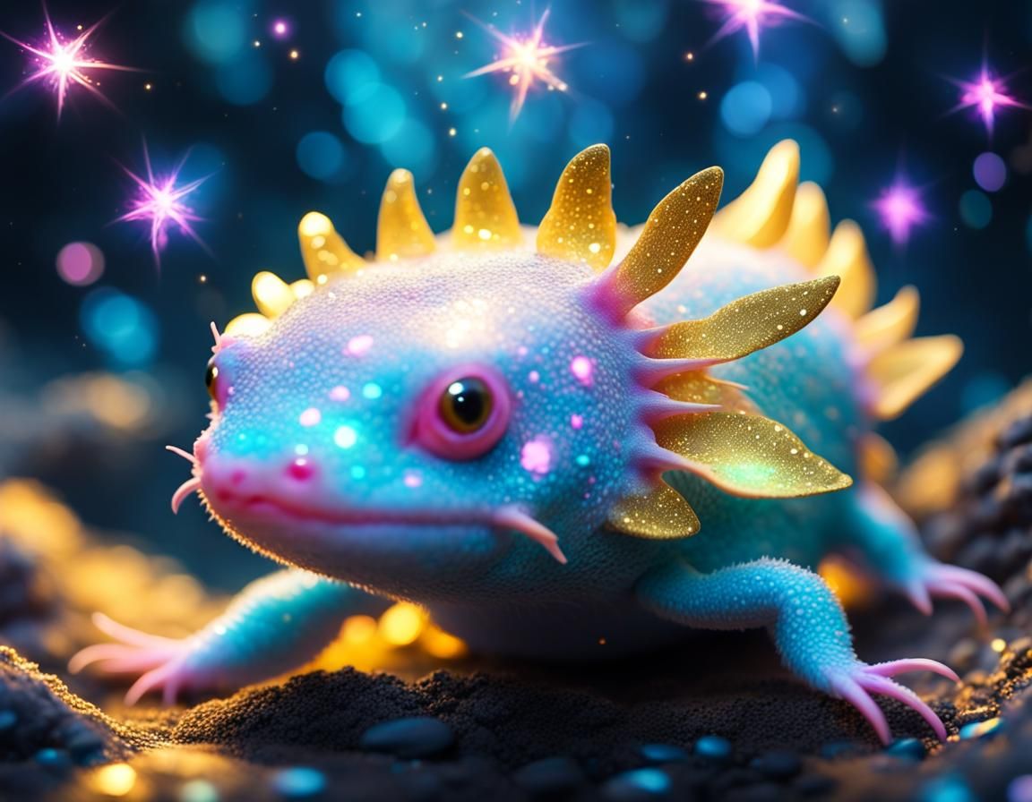 Glowing Pastel Axolotl with Glitter and Stars