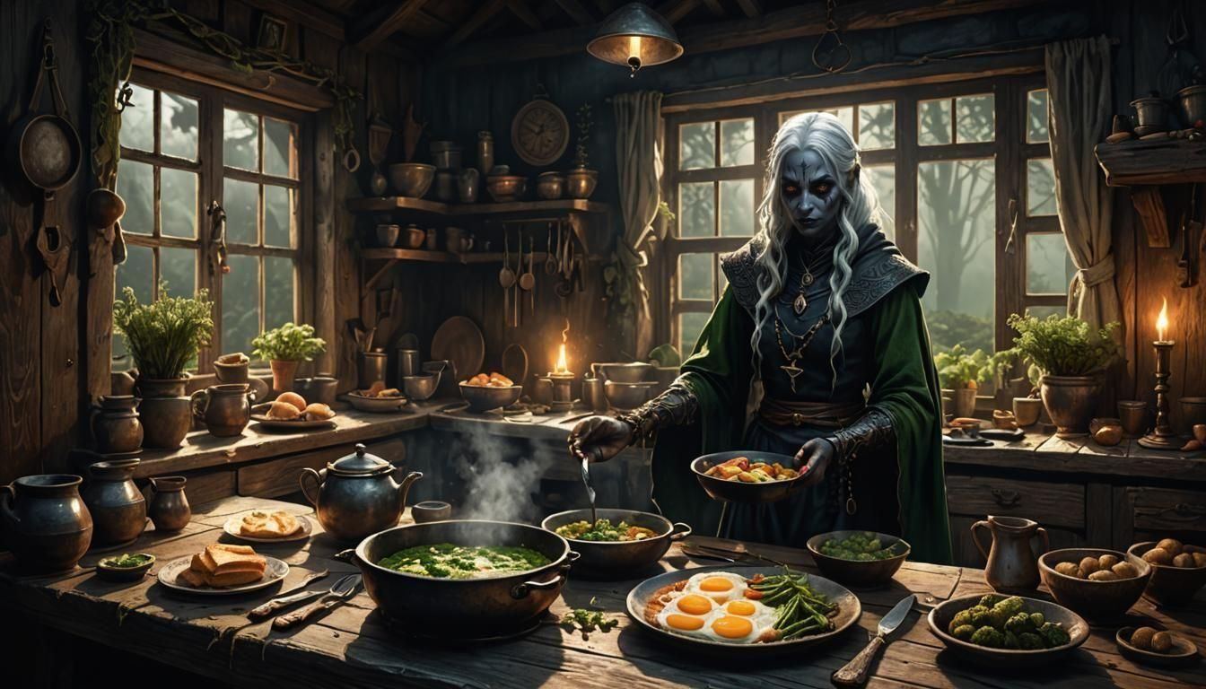 Drow Priestess Serves Breakfast in Sinister Cottage