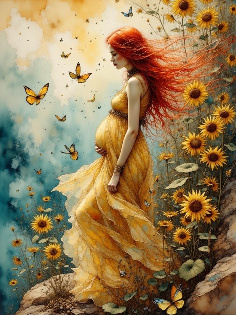 Mystical Bohemian Woman Portrait in Ink Art Style