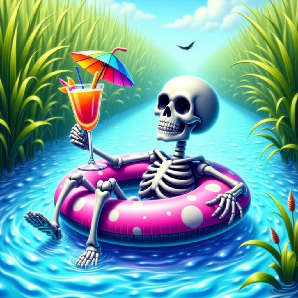 Cute Skeleton Floats Down River With Colorful Drink