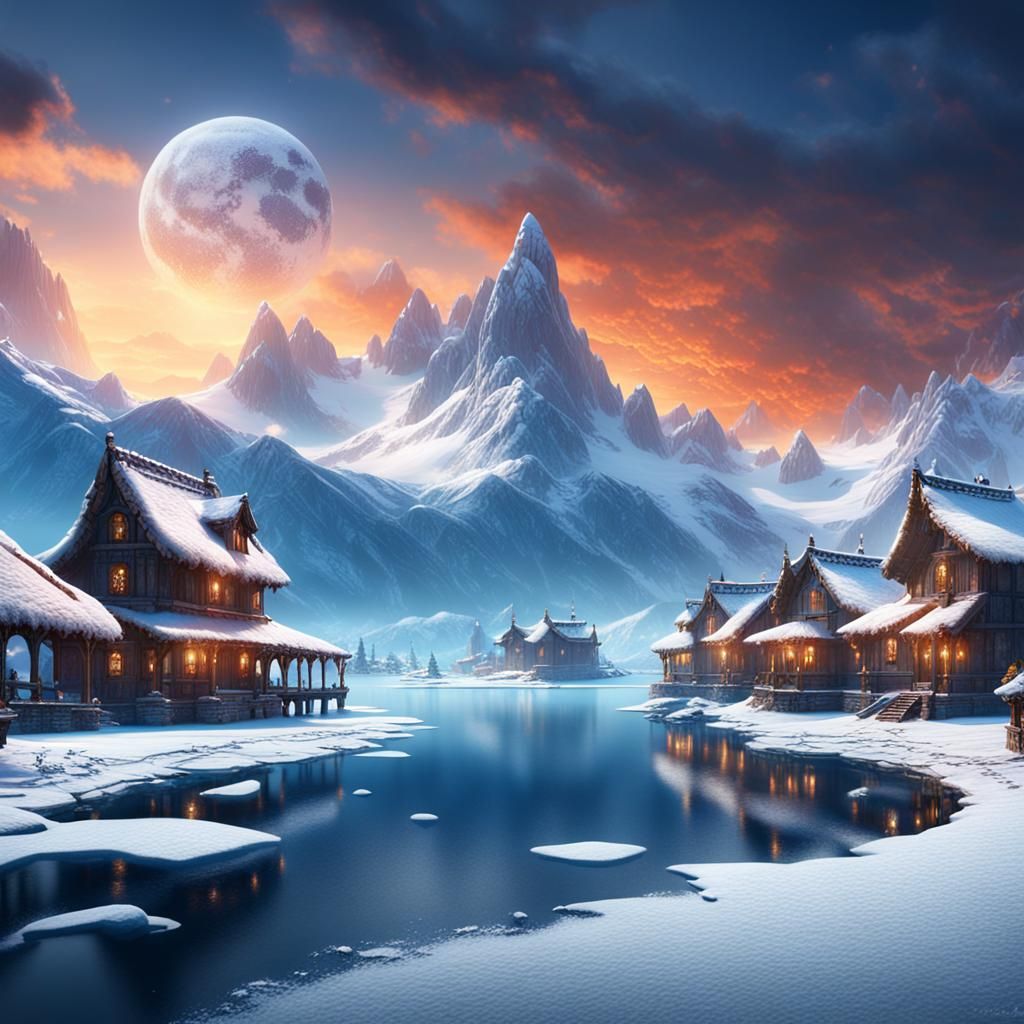 Iced Lake Village with Snowy Mountains