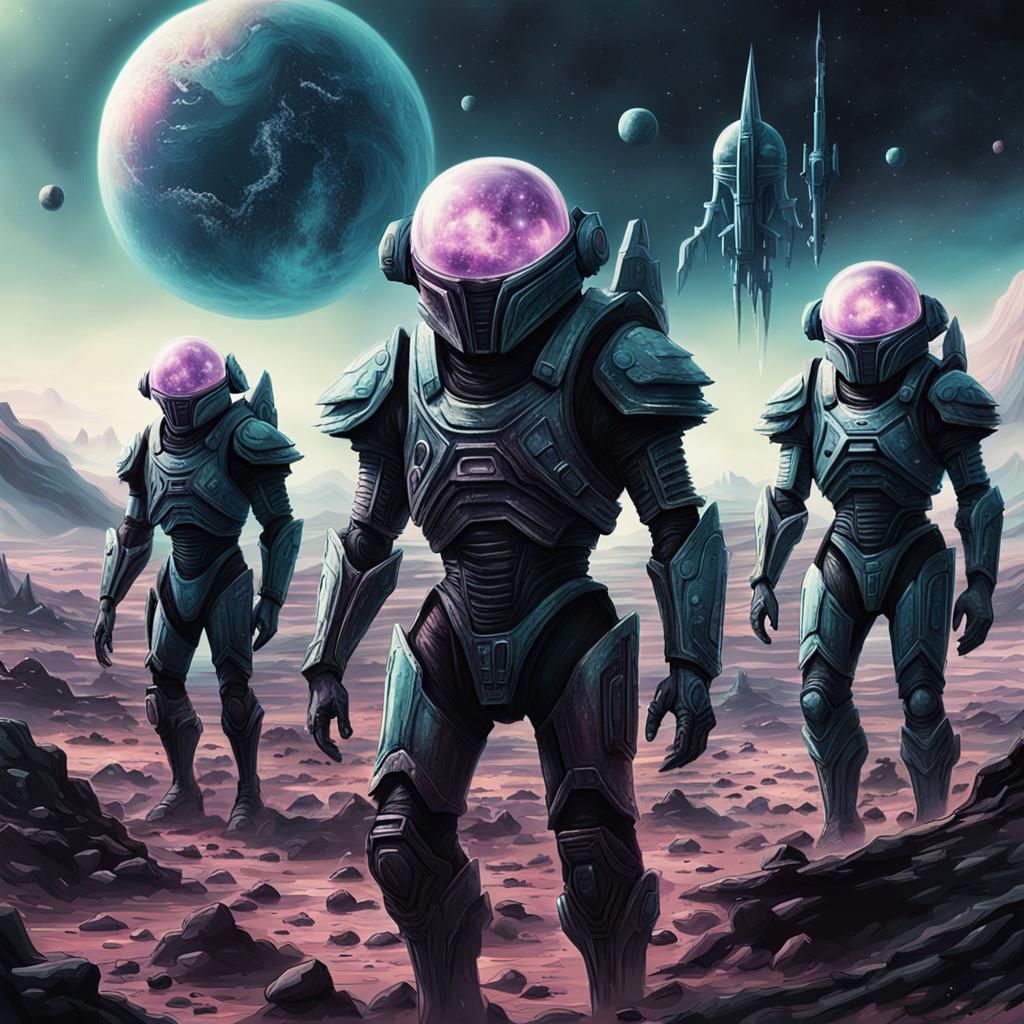 Dark Pastel Alien Battlefield with Armored Figures