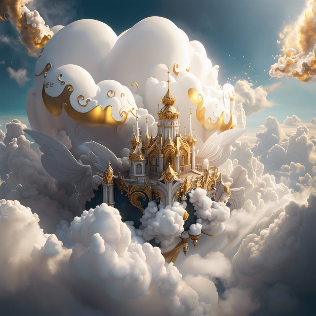 Golden Cloud Fairy in Ethereal Fantasy Landscape