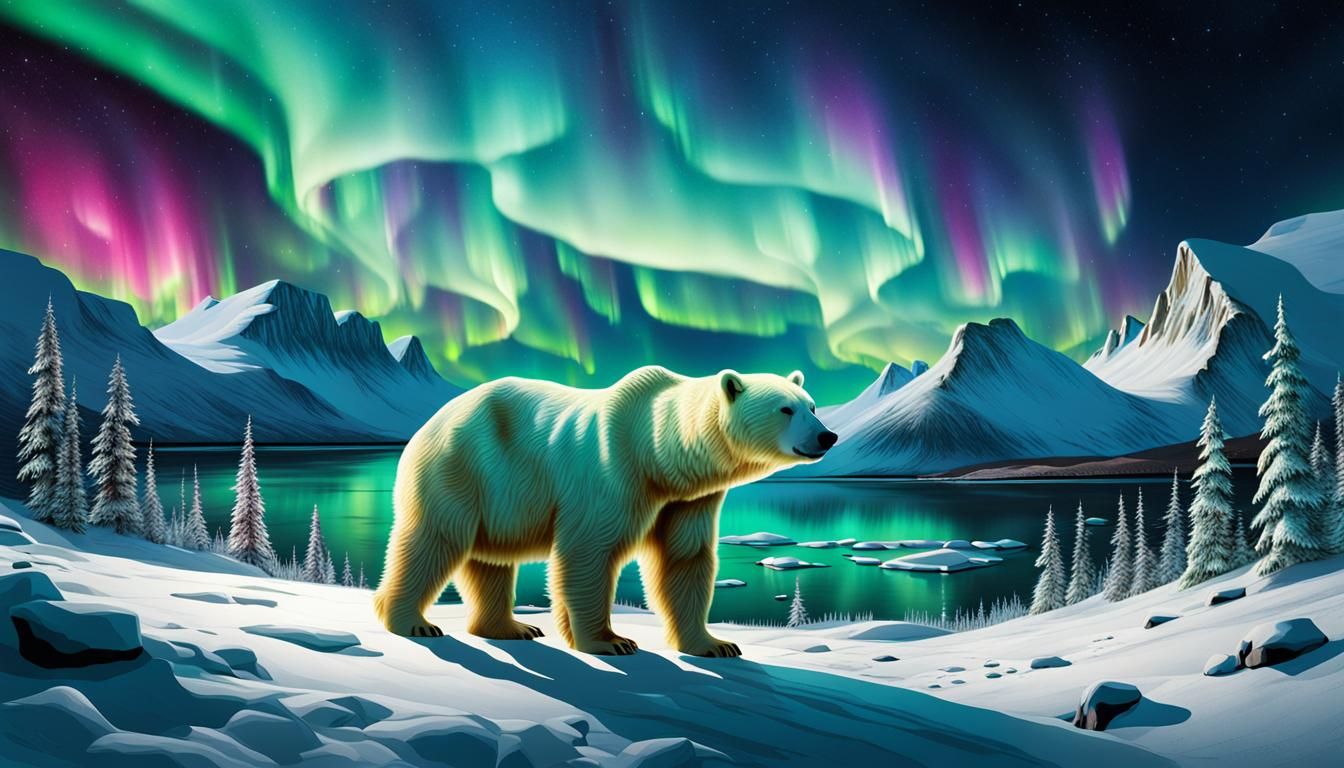 Polar Bear Gazing at Northern Lights