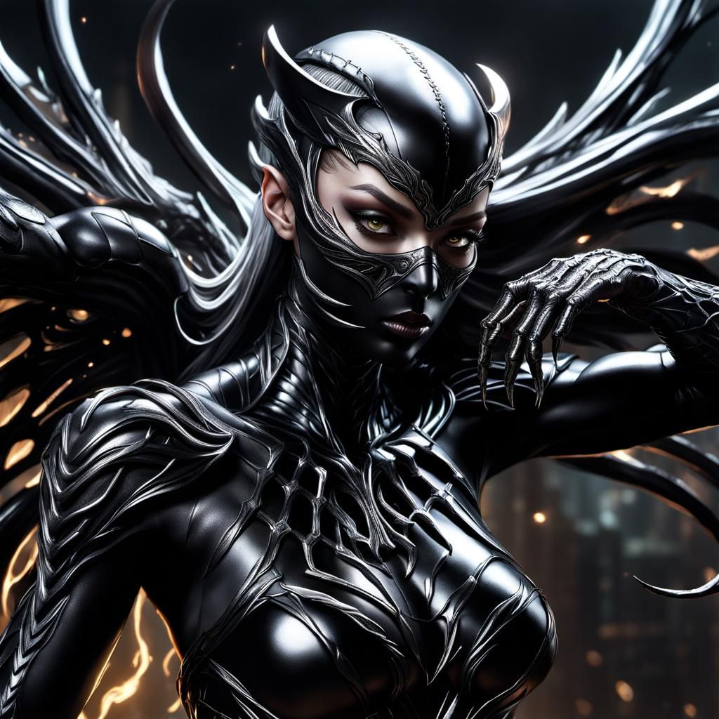 Angelic Warrior Girl with Symbiote in Fighting Stance