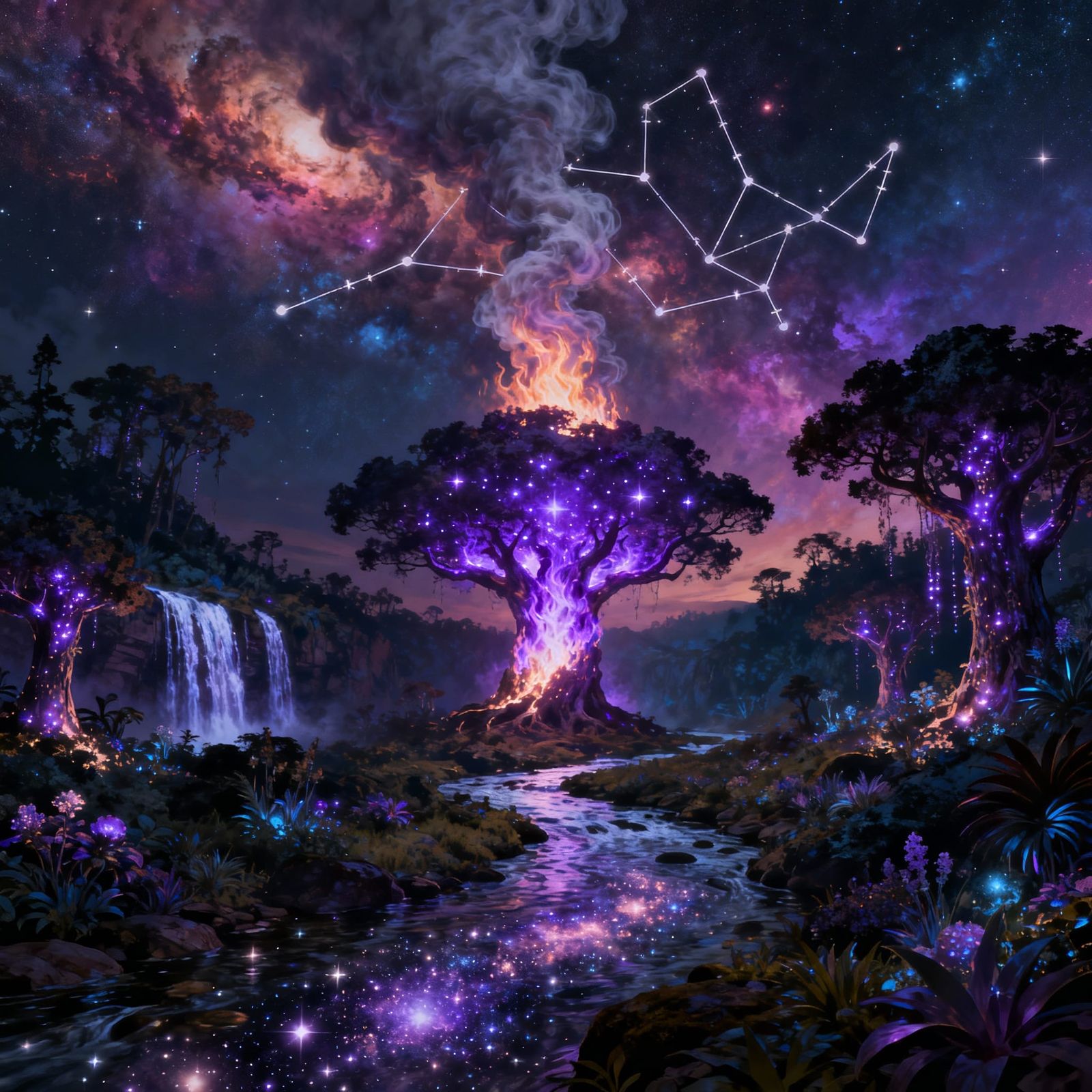 Alien Planet with Starlight Waterfalls and Cosmic Creek