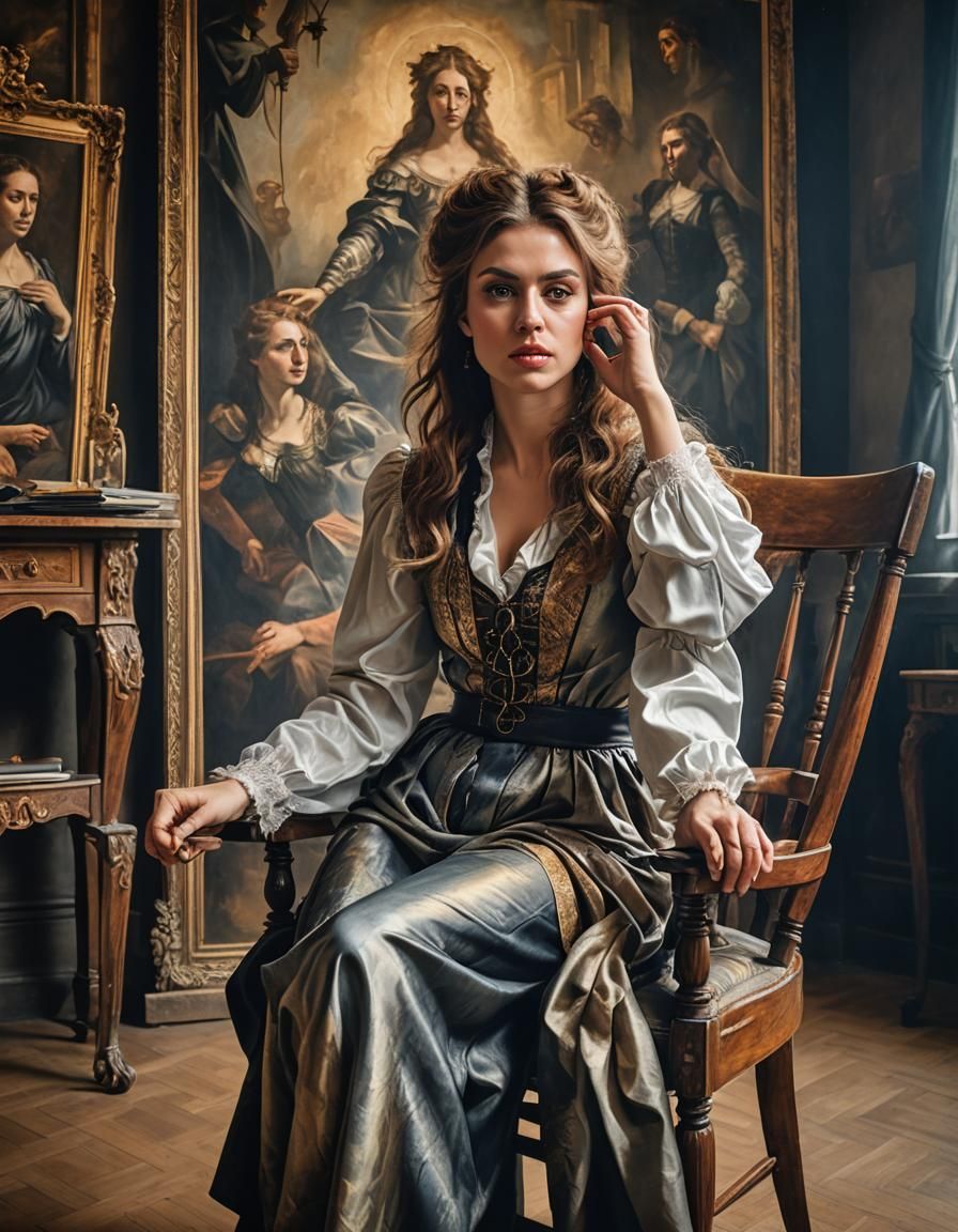 Renaissance Woman Before Painting in Francis Bacon Style