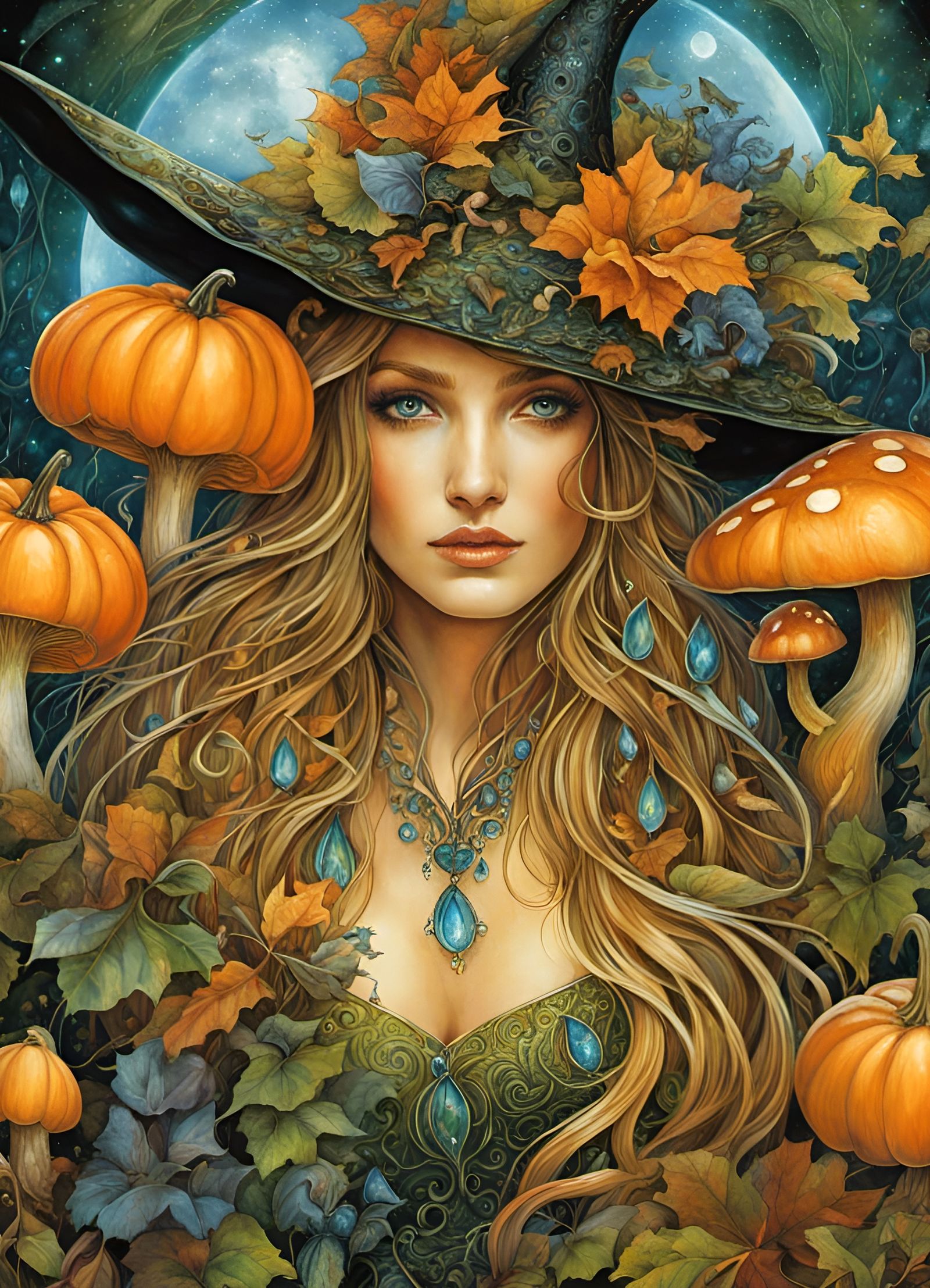 Enchanting Forest Witch with Bioluminescent Pumpkins
