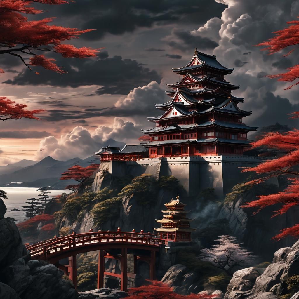 Japanese Castle Concept Art with Red Bridge