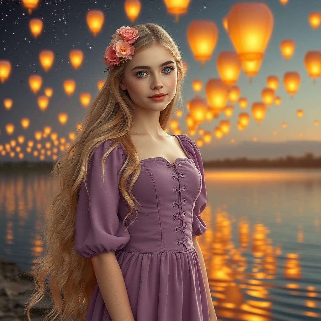 Hyperrealistic Photo of a Blonde Woman with Floating Lantern...