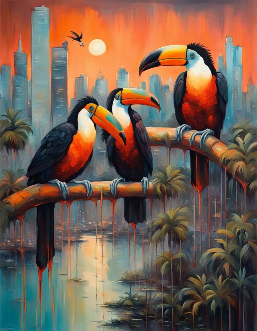 City skyline across the water at sunset Painting of toucans.