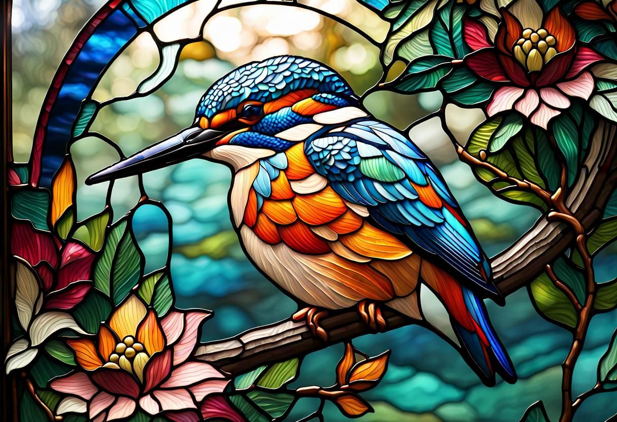 Intricate Kingfisher Stained Glass Window Design