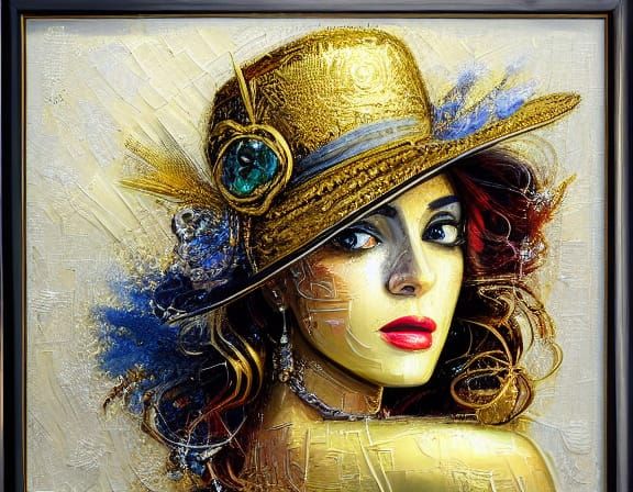 Woman with Hat and Gold Jewelry: Digital Fine Art