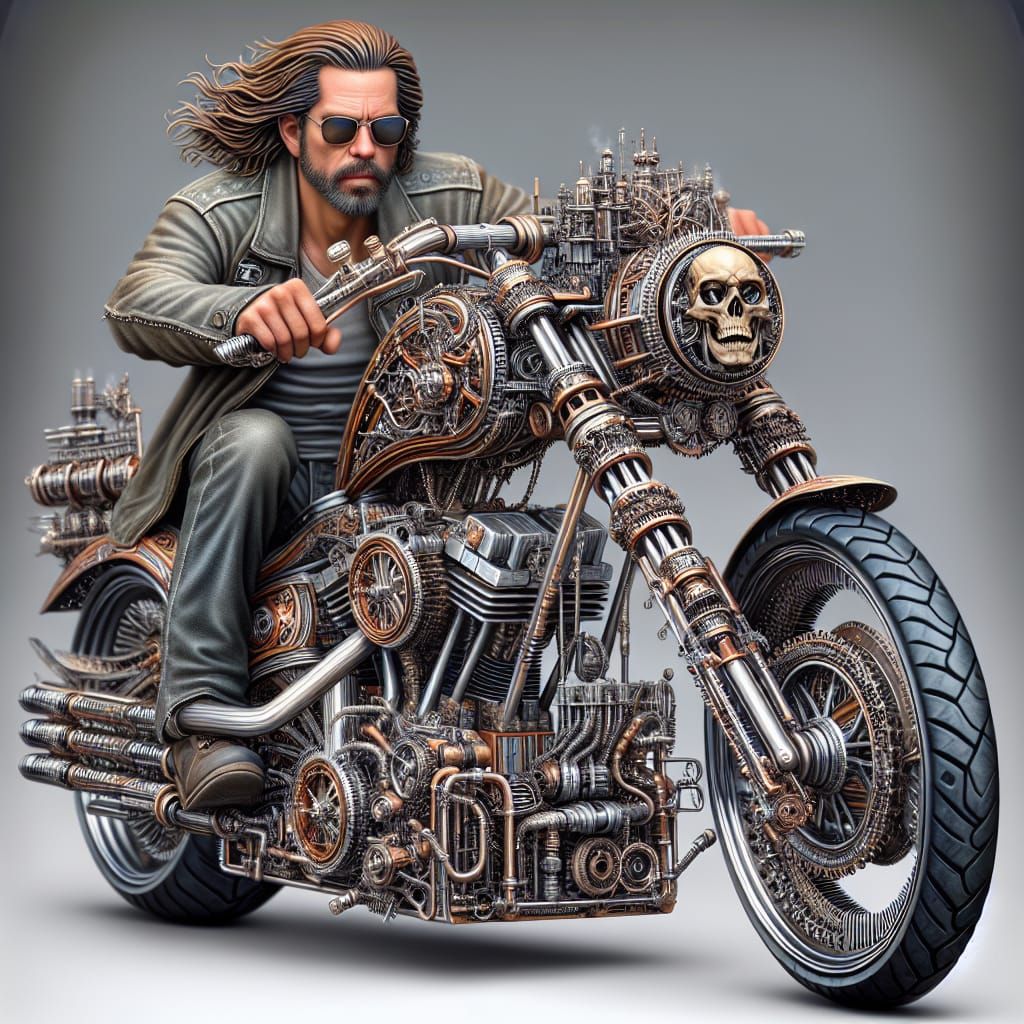 Steampunk Motorcycle Rider with Intricate Engine Details