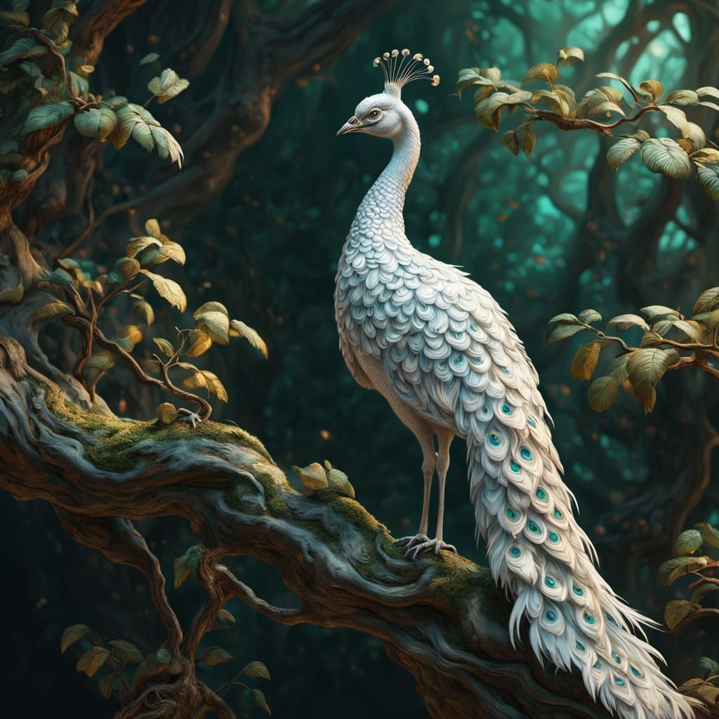 Majestic White Peacock in Oil Painting Style