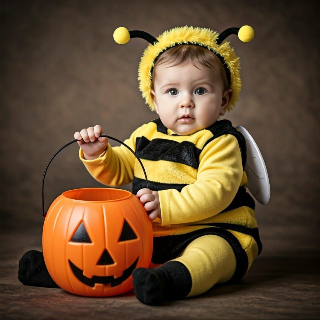 Baby Bee with Candy Bucket in Photorealistic Style