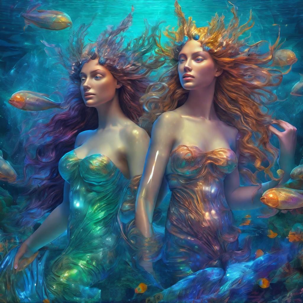 the Nereids, the sea nymphs. with great appeal and beauty 8k resolution holographic astral cosmic illustration mixed med...