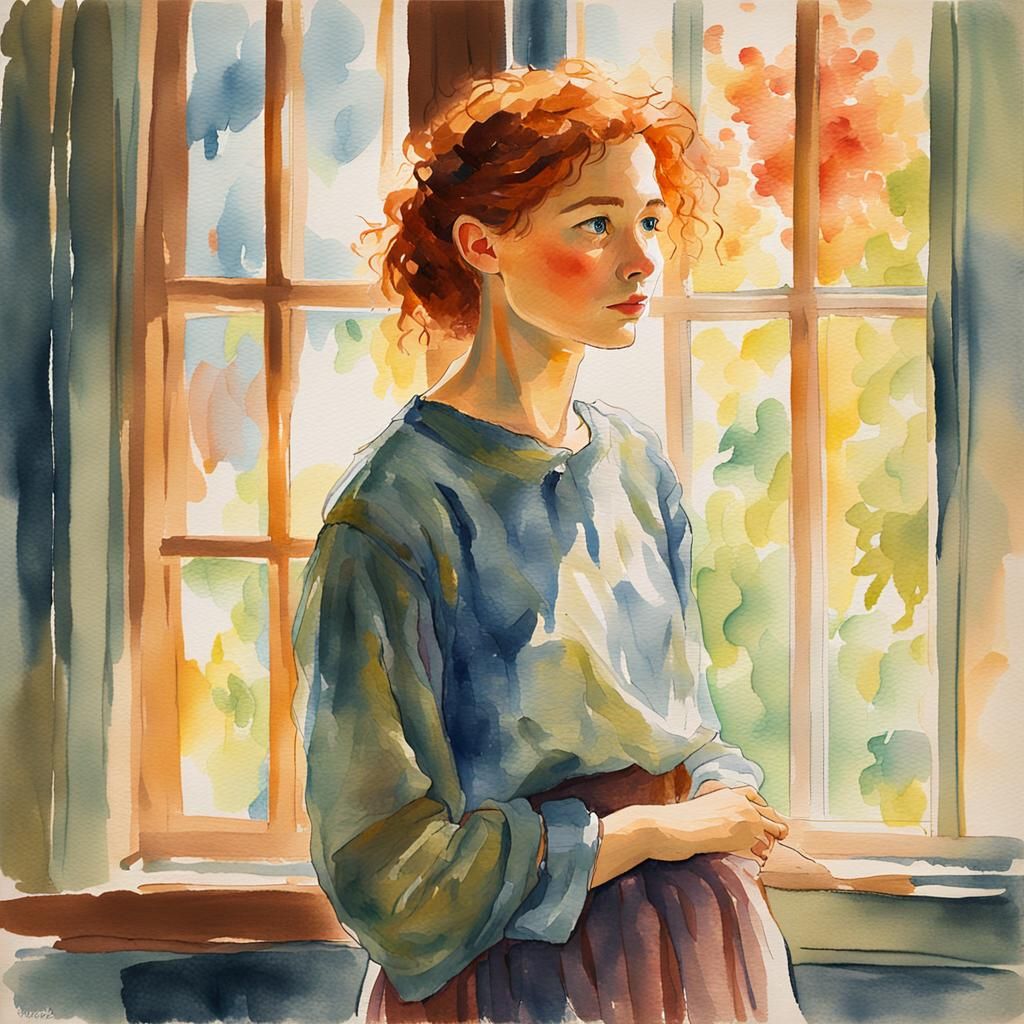 Impressionist Watercolor Portrait of Woman in Sunlight
