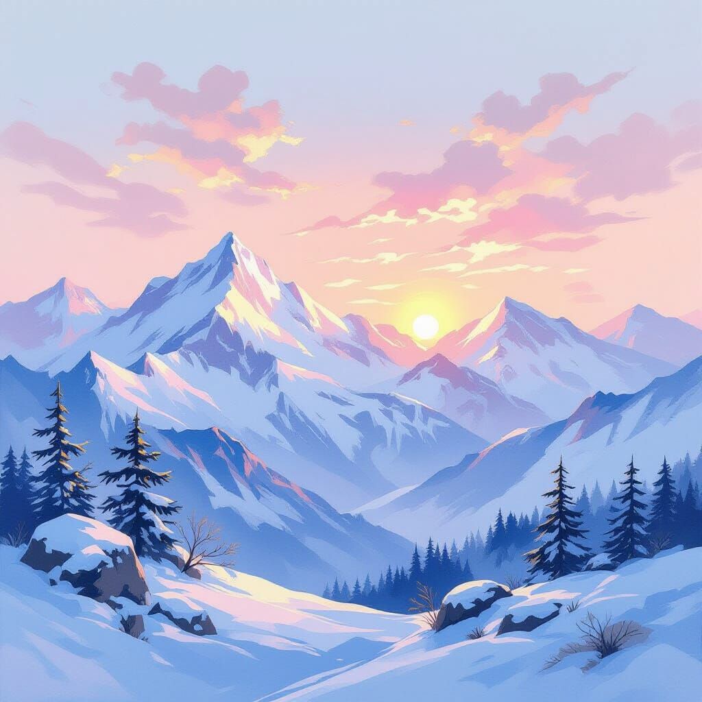 Snowy Mountains at Sunset in Gouache Style