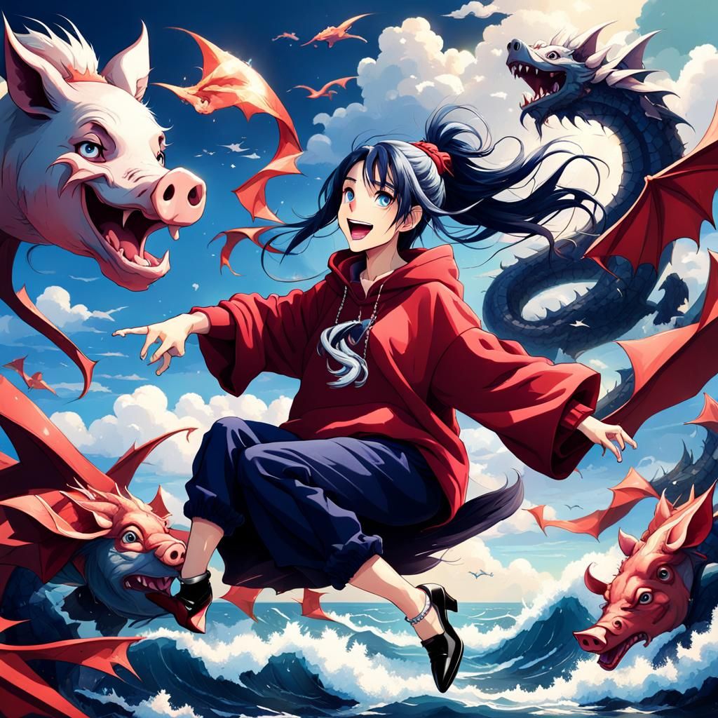 Girl on Dragon Yelling at Fish Portrait