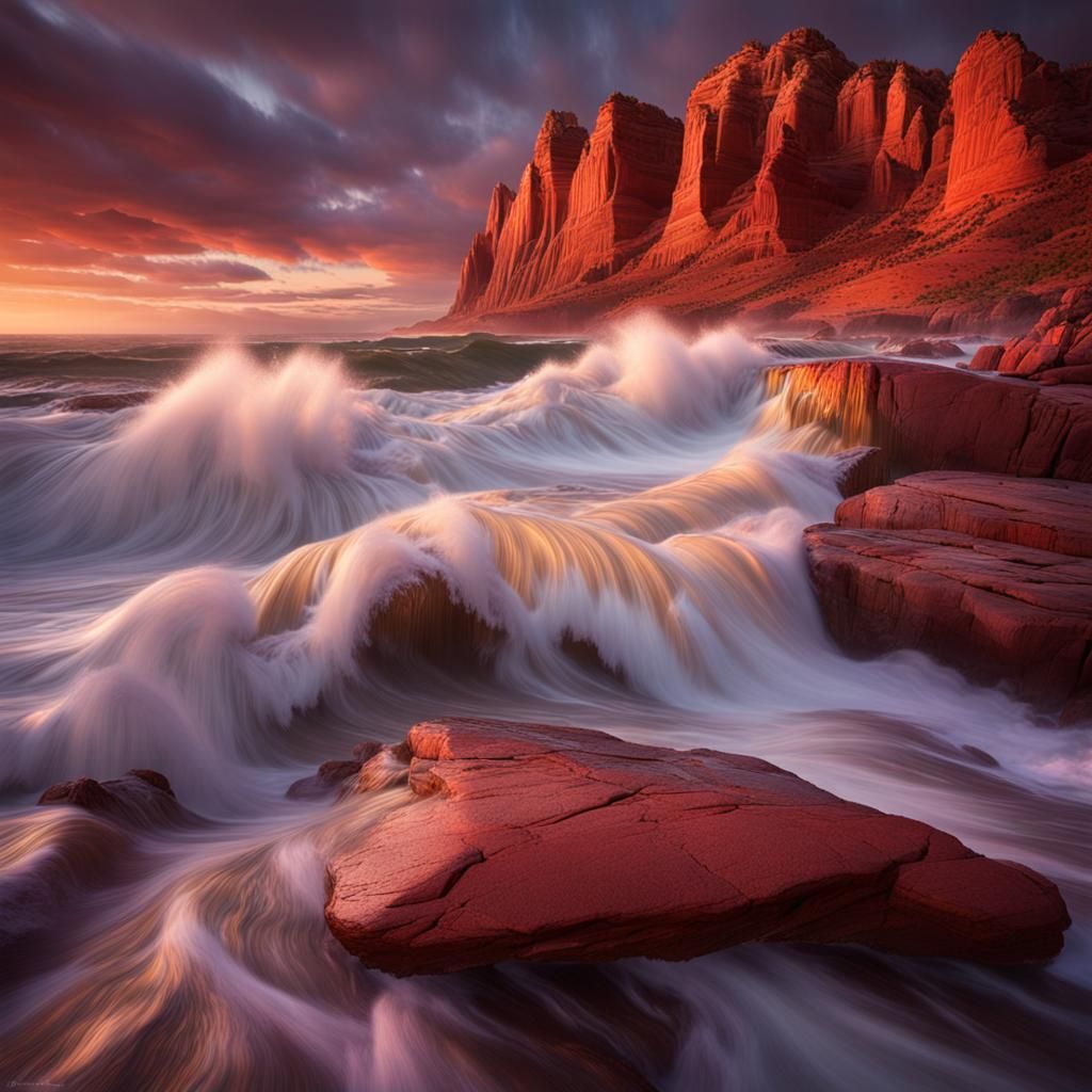 Waves Crashing on Red Rocks at Sunset