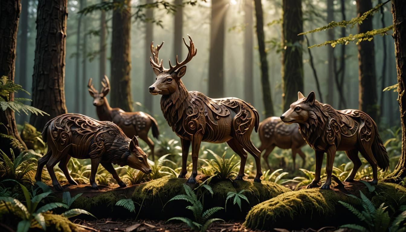 Hyperrealistic Wood Carving of Forest Animals