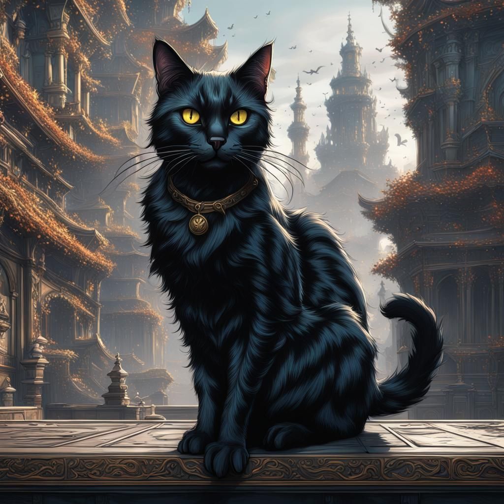 Detailed Black Cat Line Art in Deep Color